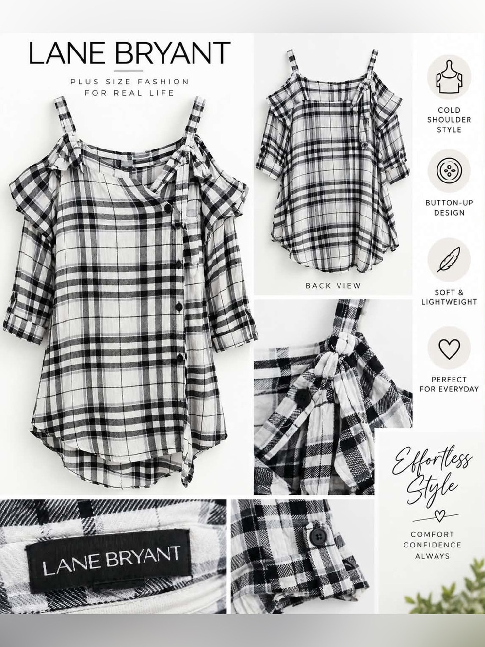 Lane Bryant Women’s Black White Plaid Cold Shoulder Button Tunic Blouse Top.